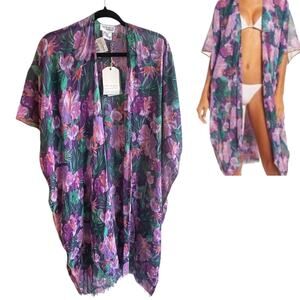 NEW Pool to Party Floral Fringe Swim COVER UP KIMONO Tropical Purple 100% Cotton